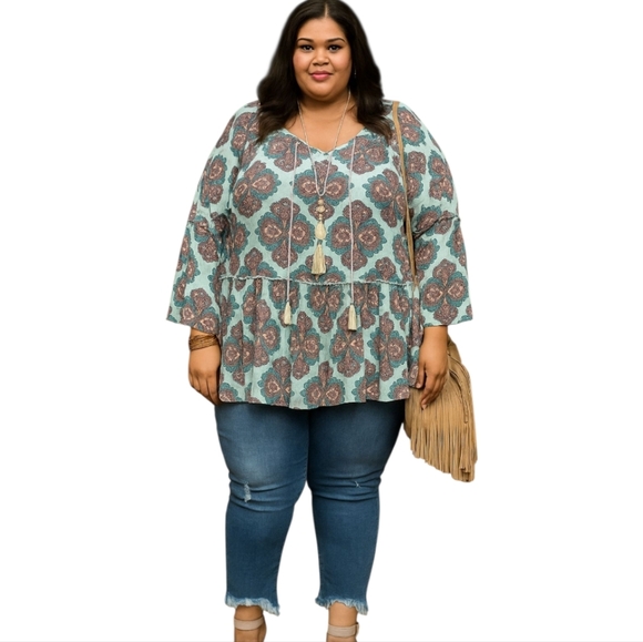 Red Camel Women Plus Floral Boho Chic Coral Blue Flounce Tunic Top Blouse 1X - Picture 1 of 6